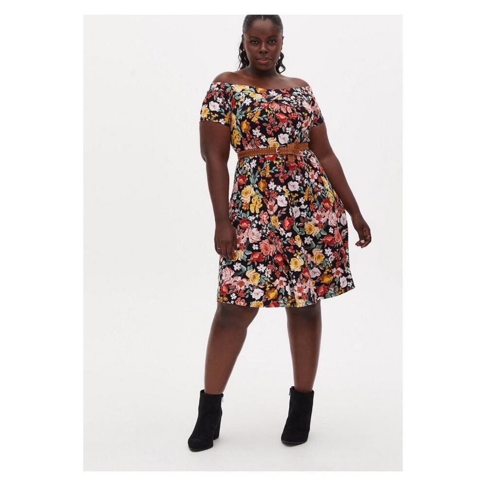 Torrid Black Floral Studio Luxe Ponte Off The Shoulder Skater Dress Sz.6